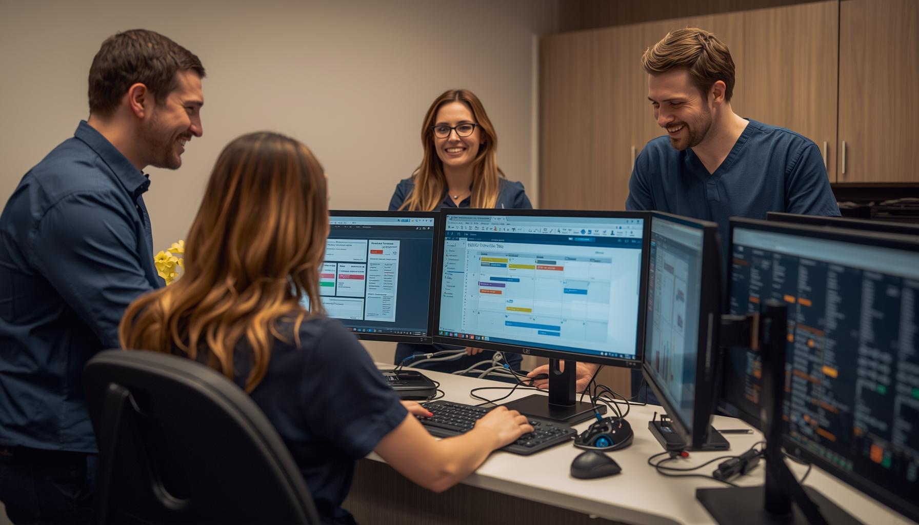 Dental team collaborating at multi-monitor workstation with practice management software