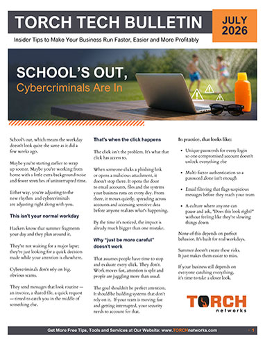 Torch Tech Bulletin July 2026 newsletter cover about summer cybersecurity risks