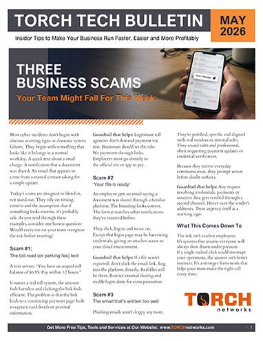 Torch Tech Bulletin cover about three business scams for May 2026
