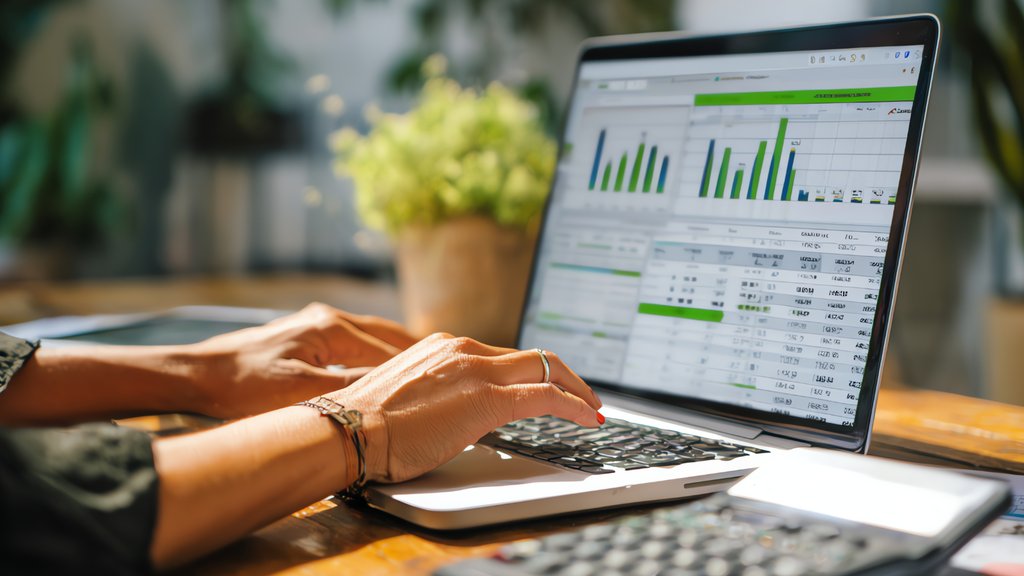 Hands typing financial data on laptop with charts