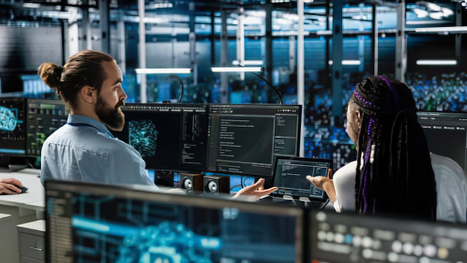 Two IT professionals managing data systems in a server room