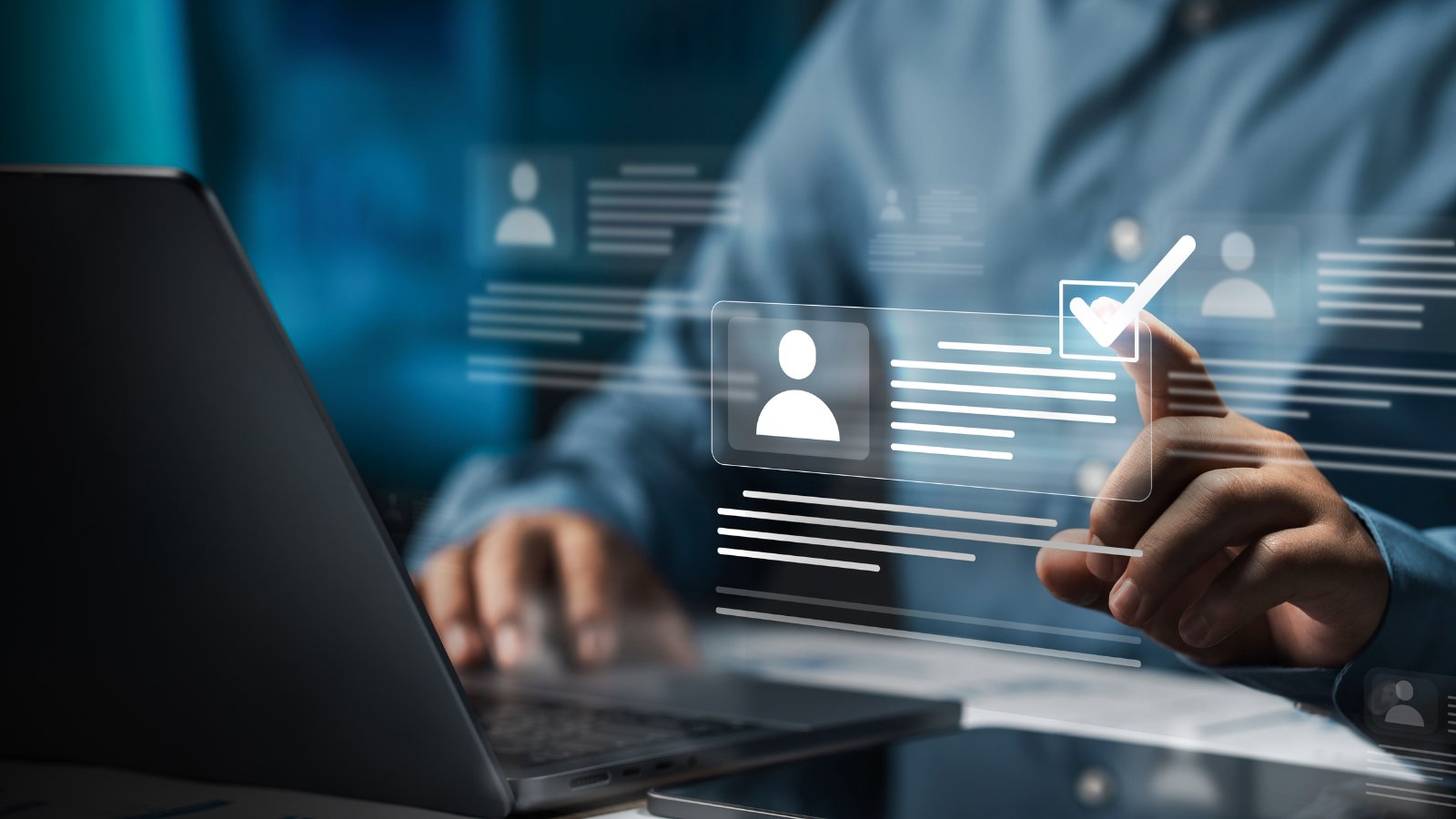 Person selecting user profile on holographic interface during security assessment