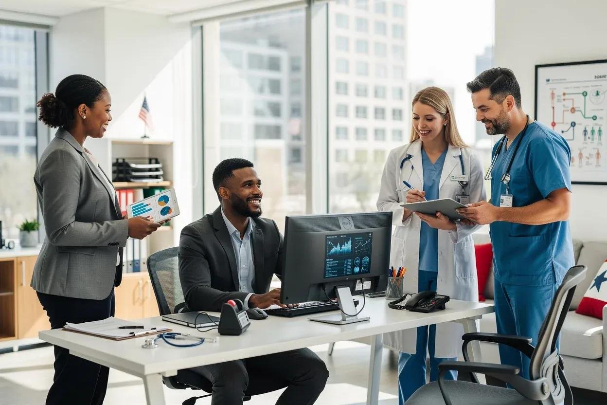 Diverse medical team collaborating with IT professional in modern office